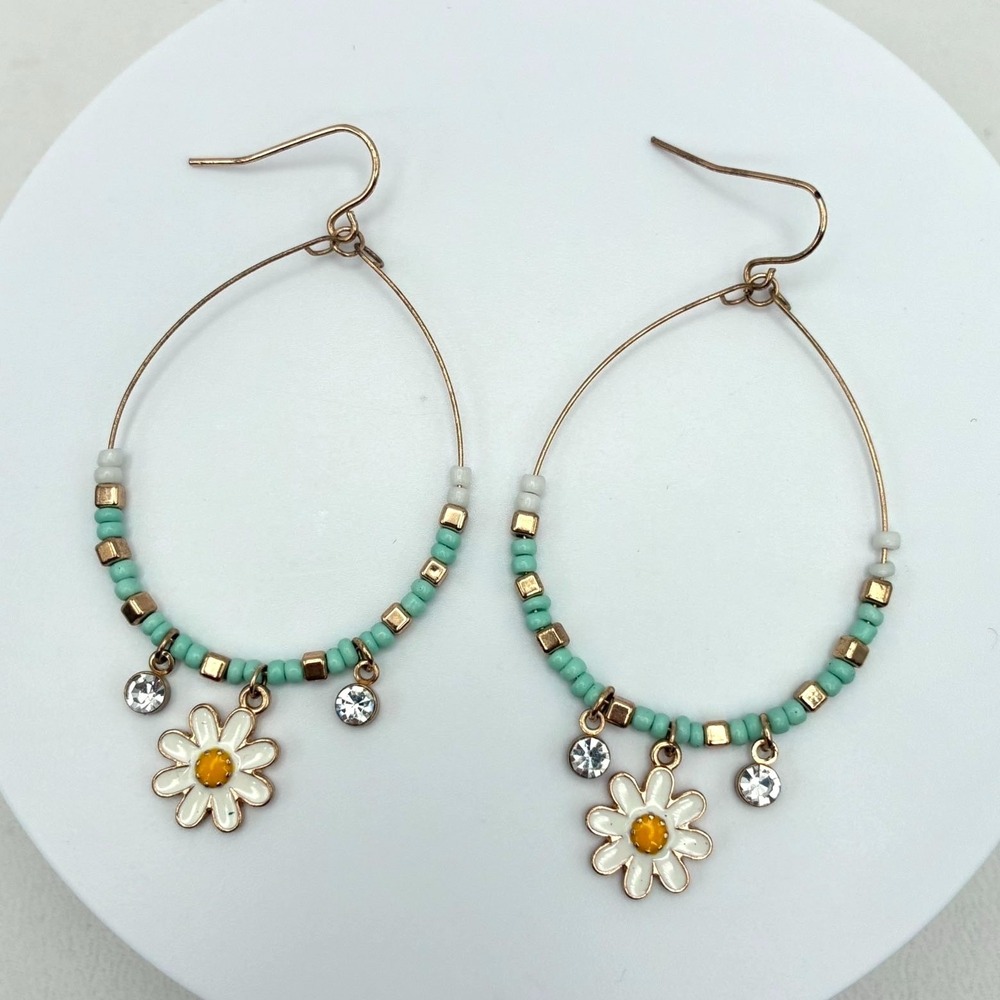 Vintage 90s Gold Tone Hoop Earrings Teal Seed Bead Enamel Floral Dangle Jewelry